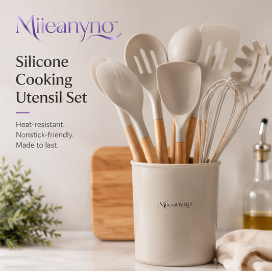Miieanyno™ Silicone Cooking Utensil Set with Wooden Handles